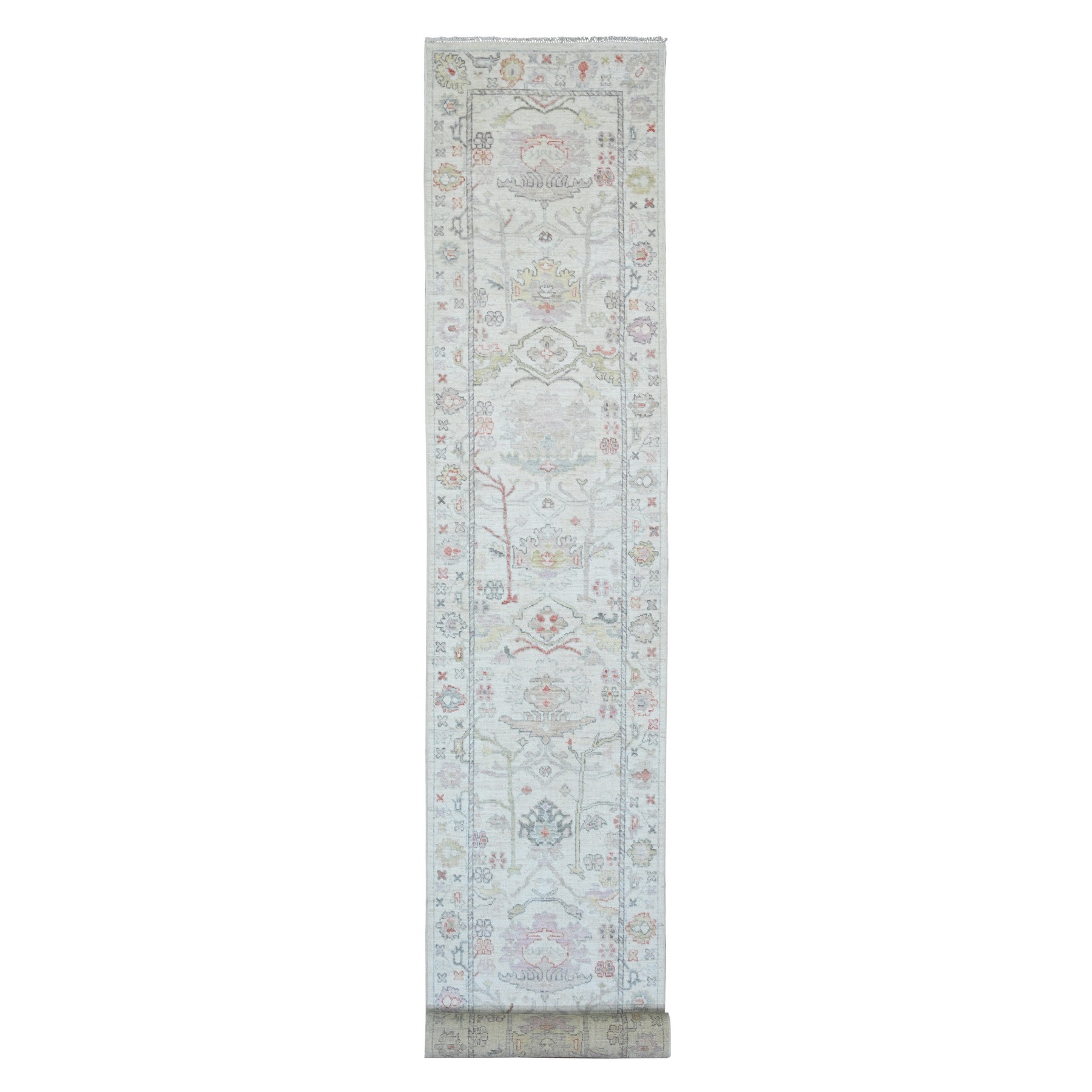 3'1"x22'4" Chiffon White, Afghan Angora Oushak with Muted Colors Leaf Design, Hand Knotted, Vegetable Dyes, 100% Wool, XL Runner, Oriental Rug HR20408
