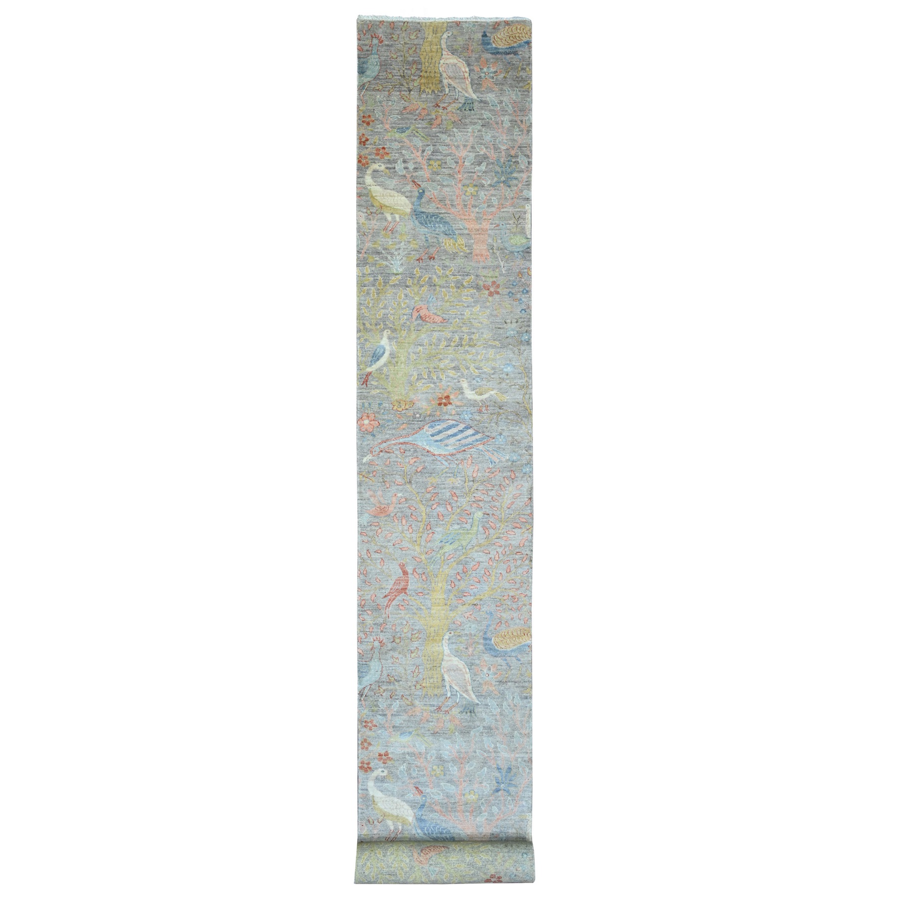 2'7"x22' Spanish Gray, Afghan Peshawar with Birds of Paradise Design, Hand Knotted, Soft Wool, Vegetable Dyes, XL Runner, Oriental Rug HR20435