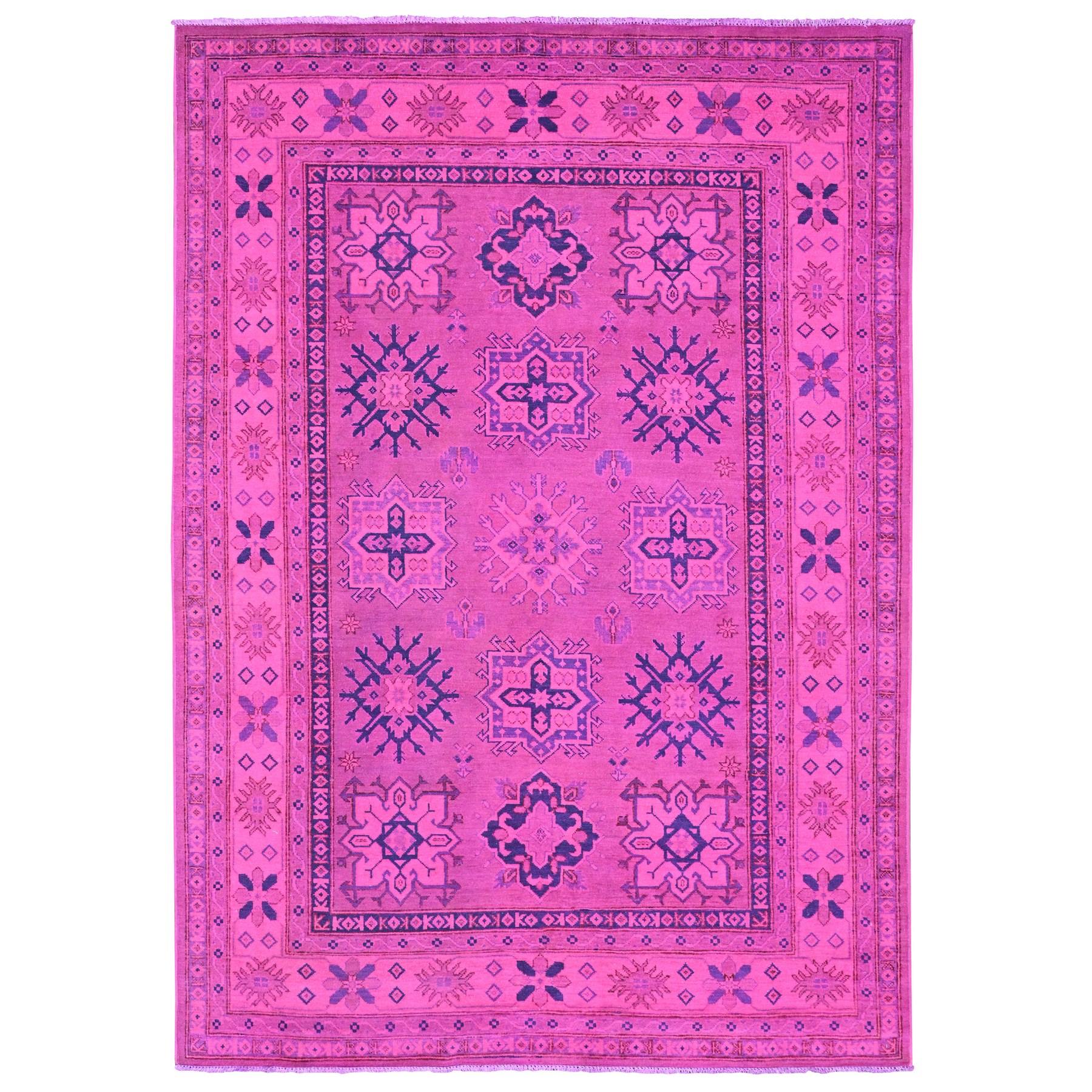 6'x8'6" Fuscia Pink, Overdyed Kazak with All Over Geometric Pattern, Hand Knotted, 100% Wool, Oriental Rug HR20444