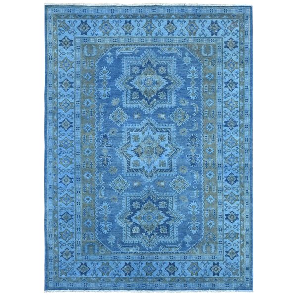 6'2"x8'5" Cerulean Blue, Overdyed Kazak with Star Medallion Design, Hand Knotted, 100% Wool, Oriental Rug HR20445