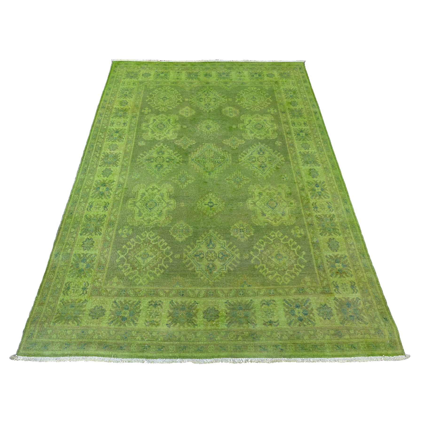 4'10"x6'9" Pear Green, Overdyed Kazak with Tribal Design, Pure Wool, Hand Knotted, Oriental Rug HR20446