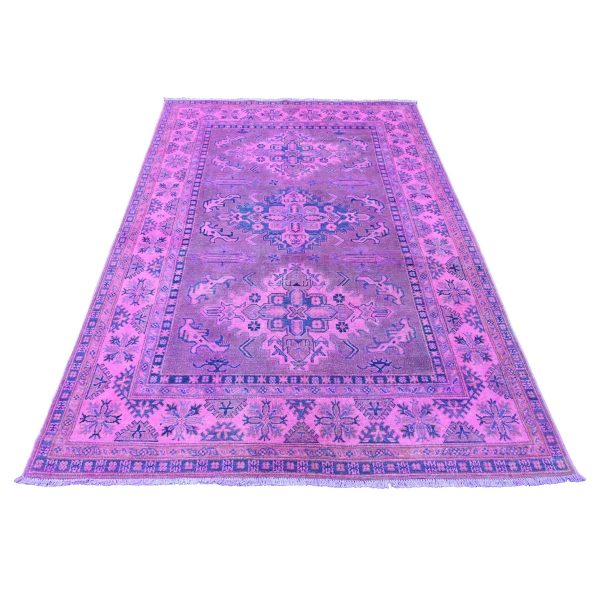 5'7"x7'9" Bubblegum Pink, Overdyed Kazak with Geometric Medallion Design, Hand Knotted, 100% Wool, Oriental Rug HR20447