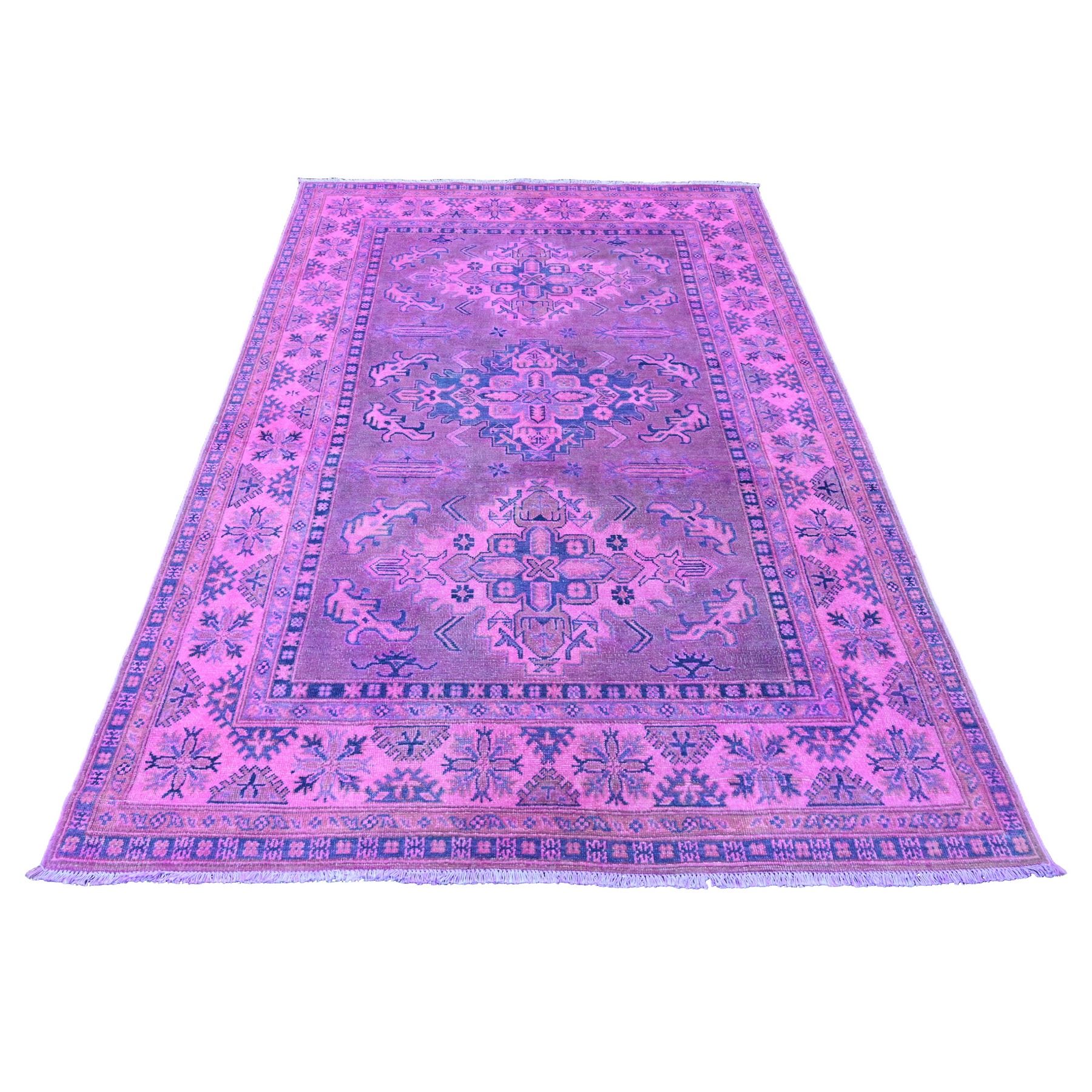 5'7"x7'9" Bubblegum Pink, Overdyed Kazak with Geometric Medallion Design, Hand Knotted, 100% Wool, Oriental Rug HR20447