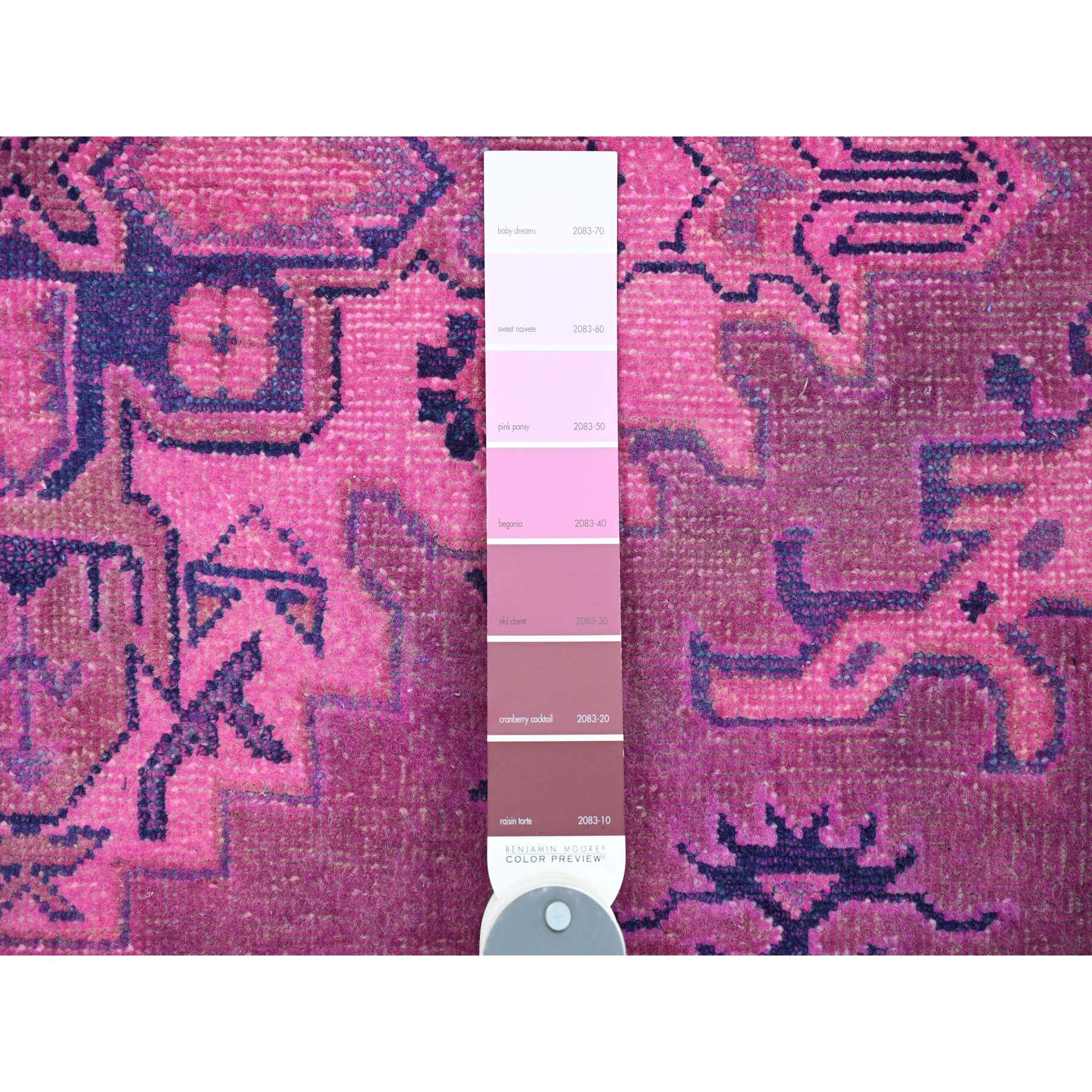5'7"x7'9" Bubblegum Pink, Overdyed Kazak with Geometric Medallion Design, Hand Knotted, 100% Wool, Oriental Rug HR20447 - Image 3