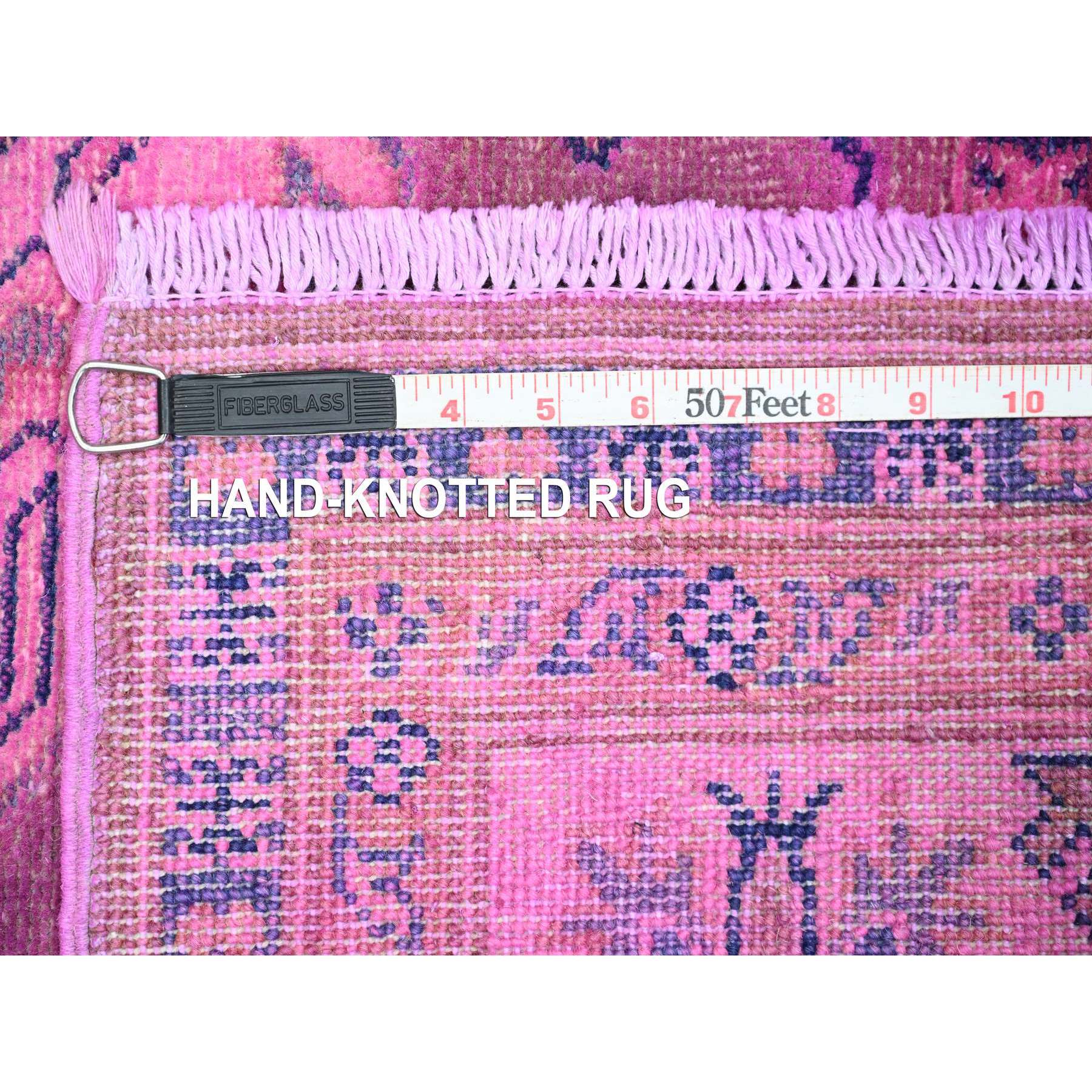5'7"x7'9" Bubblegum Pink, Overdyed Kazak with Geometric Medallion Design, Hand Knotted, 100% Wool, Oriental Rug HR20447 - Image 6