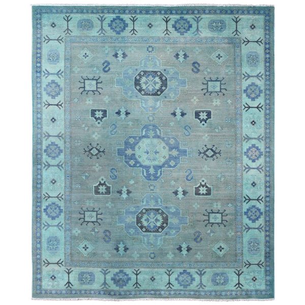 7'9"x9'6" Sapphire Blue, Overdyed Kazak with Tribal Medallion Design, Hand Knotted, 100% Wool, Oriental Rug HR20449