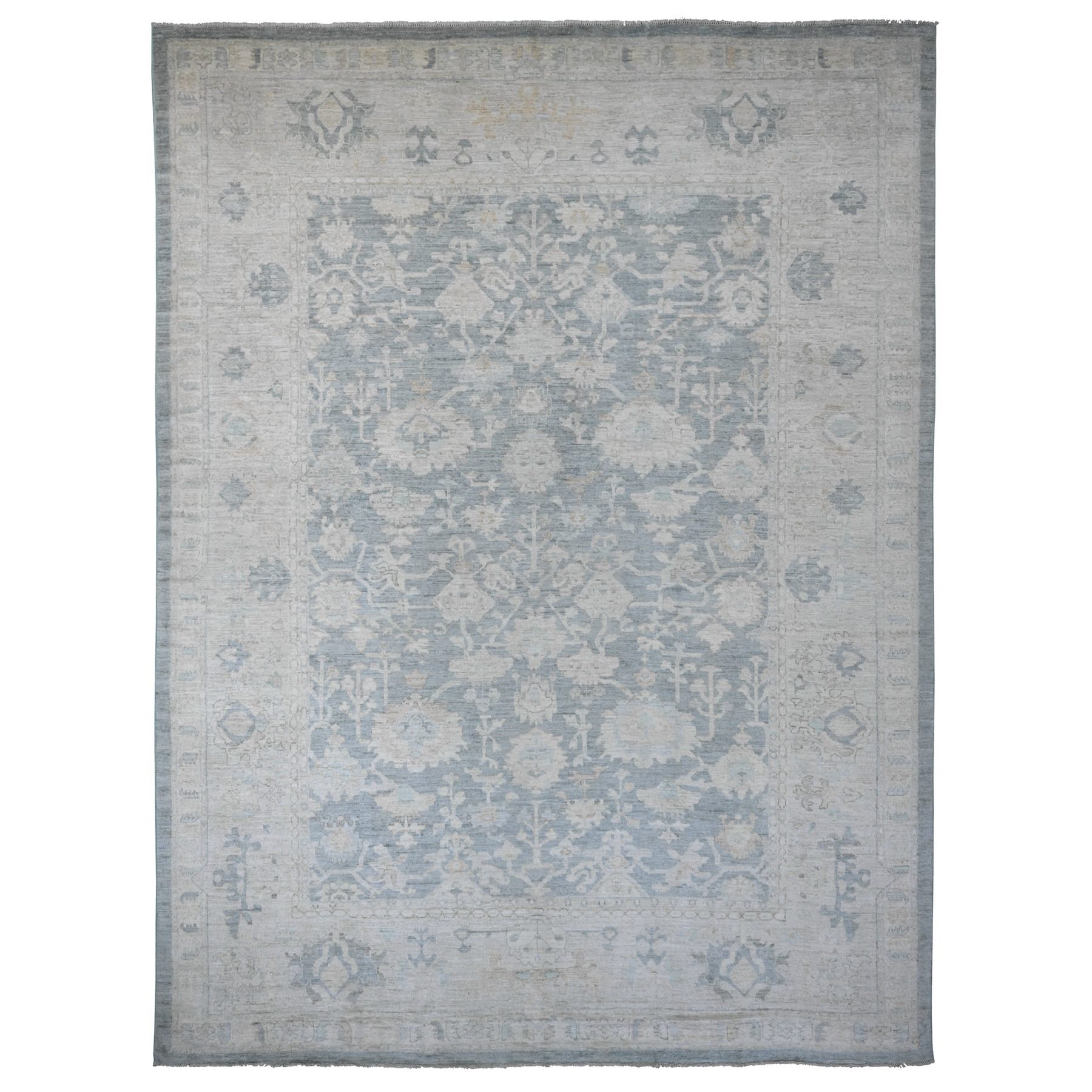 11'9"x15'5" Marengo Gray, Afghan Angora Oushak with All Over Leaf Design, Hand Knotted, Vegetable Dyes, 100% Wool, Oversized, Oriental Rug HR20462