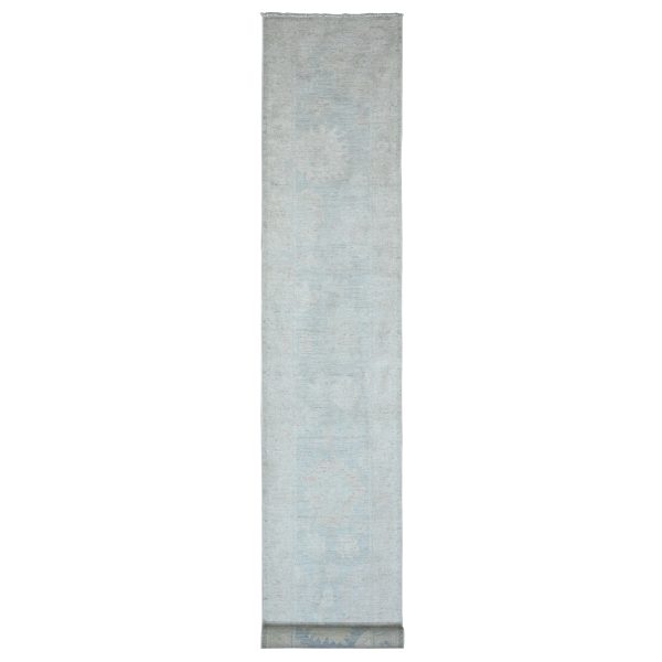 2'10"x19'6" Misty Gray, Afghan Angora Oushak with Large Leaf Design, Hand Knotted, Veggie Dyes, Pure Wool, XL Runner, Oriental Rug HR20471