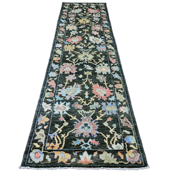 3'3"x11'6" Charcoal Black, Afghan Angora Oushak with Colorful Leaf Design, Hand Knotted, Vegetable Dyes, 100% Wool, Runner, Oriental Rug HR20474