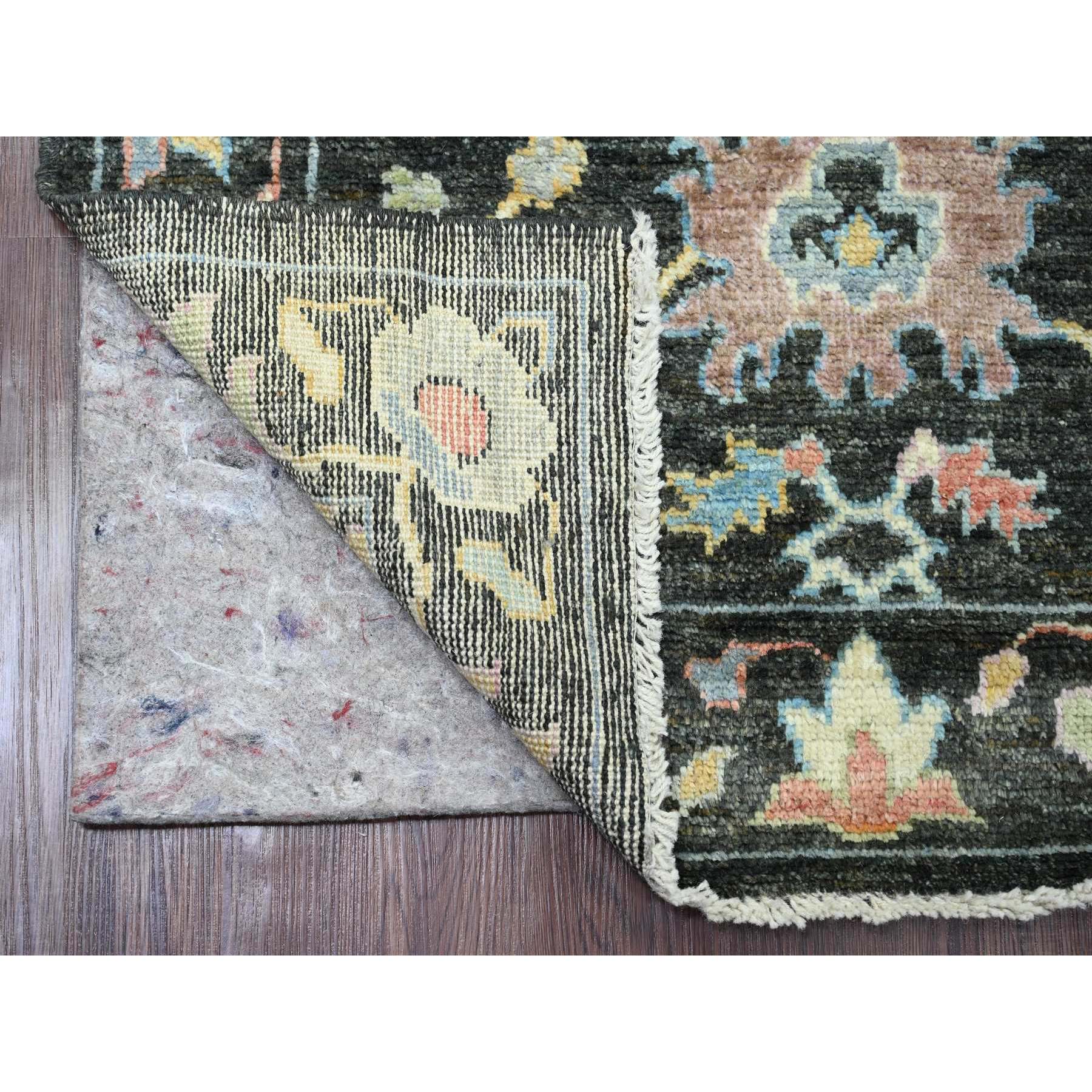 3'3"x11'6" Charcoal Black, Afghan Angora Oushak with Colorful Leaf Design, Hand Knotted, Vegetable Dyes, 100% Wool, Runner, Oriental Rug HR20474 - Image 2