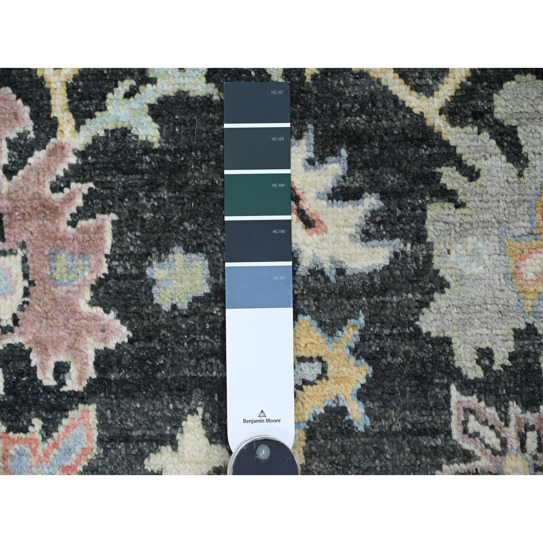3'3"x11'6" Charcoal Black, Afghan Angora Oushak with Colorful Leaf Design, Hand Knotted, Vegetable Dyes, 100% Wool, Runner, Oriental Rug HR20474 - Image 3