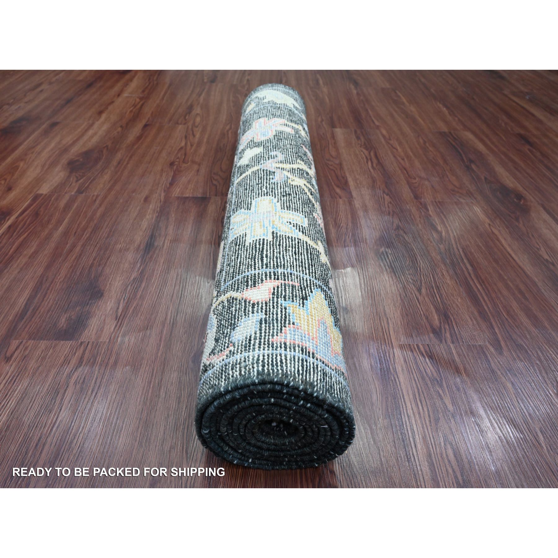 3'3"x11'6" Charcoal Black, Afghan Angora Oushak with Colorful Leaf Design, Hand Knotted, Vegetable Dyes, 100% Wool, Runner, Oriental Rug HR20474 - Image 4