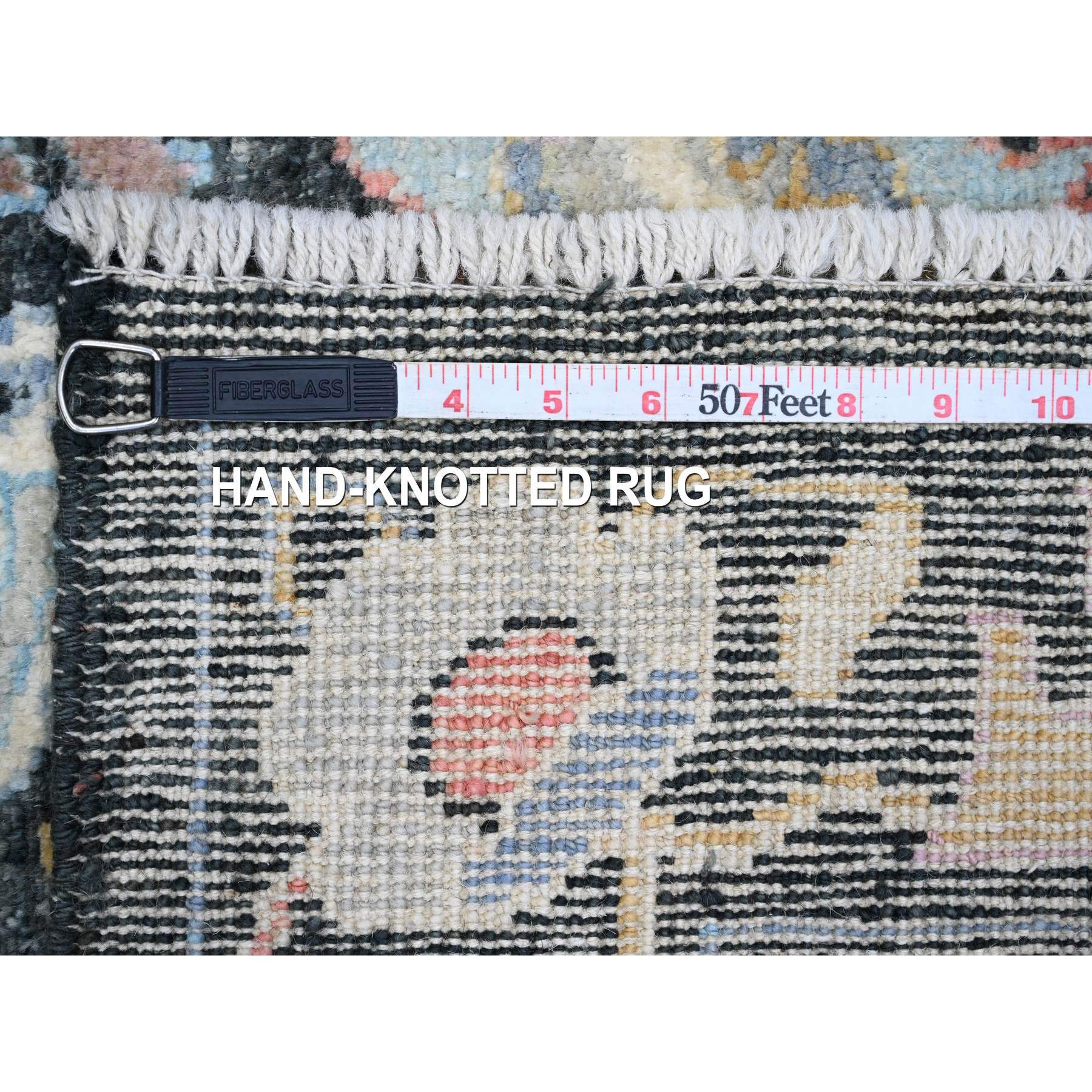 3'3"x11'6" Charcoal Black, Afghan Angora Oushak with Colorful Leaf Design, Hand Knotted, Vegetable Dyes, 100% Wool, Runner, Oriental Rug HR20474 - Image 6