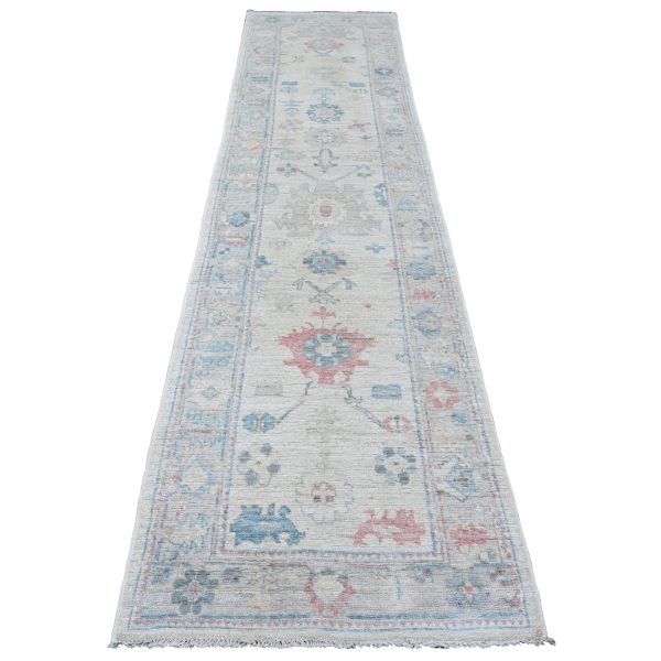 2'10"x11'7" Chiffon White, Hand Knotted, Afghan Angora Oushak with Colorful Leaf Design, Natural Dyes, 100% Wool, Runner, Oriental Rug HR20475