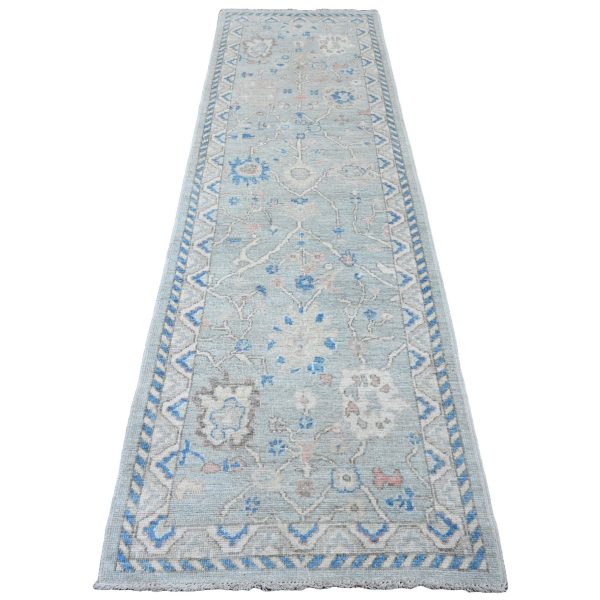 2'10"x9'7" Misty Gray, Afghan Angora Oushak with All Over Leaf Design, Hand Knotted, Natural Dyes, 100% Wool, Runner, Oriental Rug HR20477