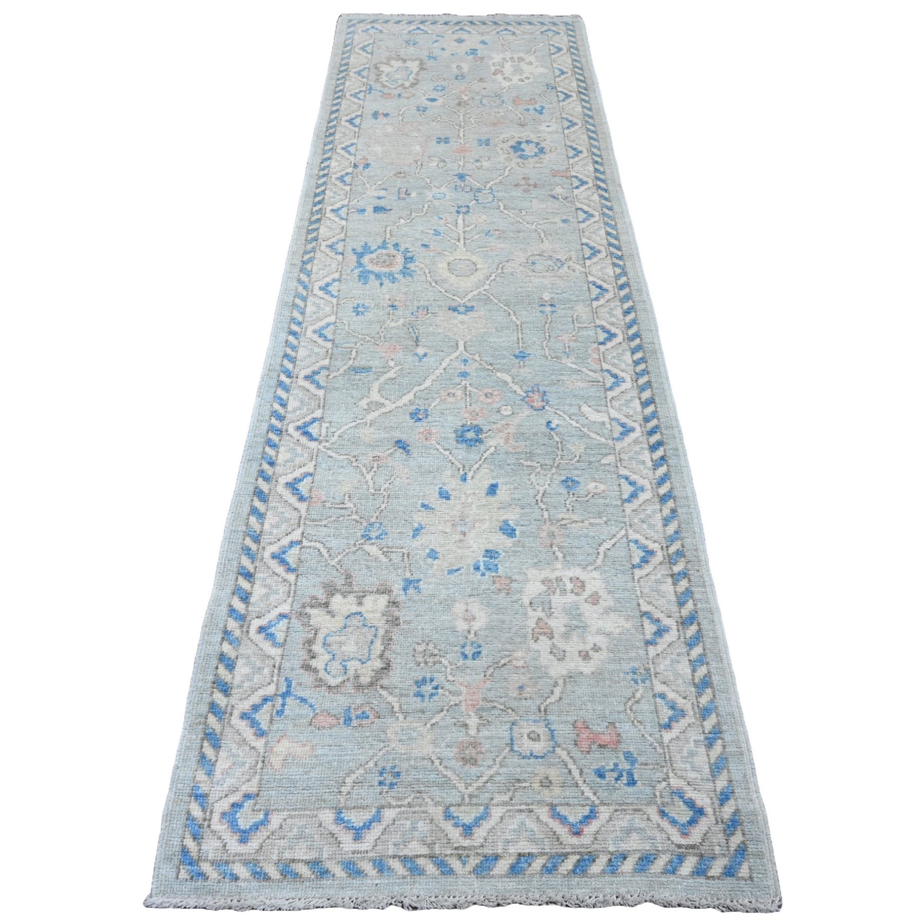2'10"x9'7" Misty Gray, Afghan Angora Oushak with All Over Leaf Design, Hand Knotted, Natural Dyes, 100% Wool, Runner, Oriental Rug HR20477