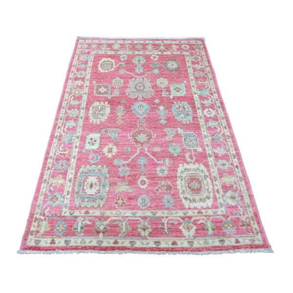 4'1"x6' Punch Pink, Afghan Angora Oushak with All Over Leaf Design, Hand Knotted, Vegetable Dyes, 100% Wool, Oriental Rug HR20488