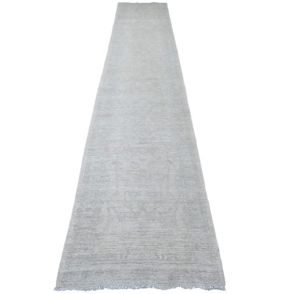 2'8"x15' Cascading White, Hand Knotted, Stone Washed Peshawar with All Over Pattern, Natural Dyes, Pure Wool, XL Runner, Oriental Rug HR20501