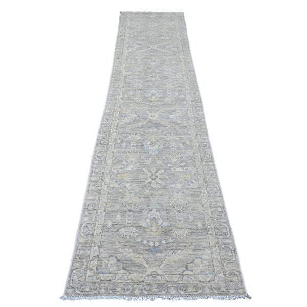 2'8"x11'9" Stone Gray, Washed Out Peshawar with Floral Pattern, Hand Knotted, Vegetable Dyes, 100% Wool, Runner, Oriental Rug HR20504
