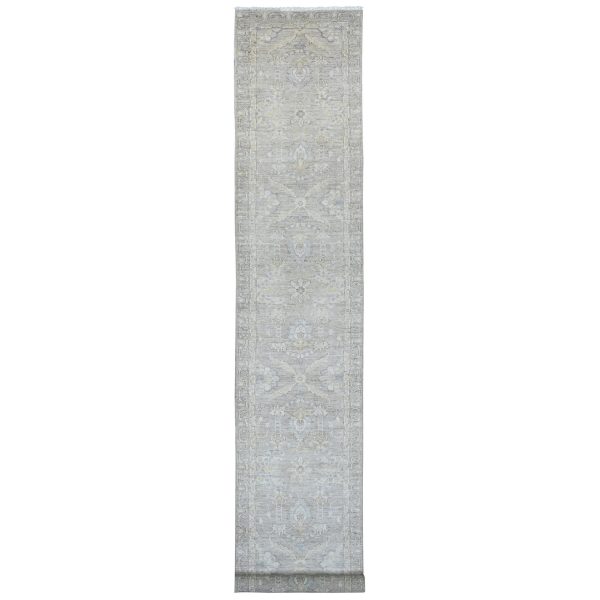 2'8"x16'1" Misty Gray, Stone Washed Peshawar with All Over Leaf Design, Hand Knotted, Vegetable Dyes, 100% Wool, XL Runner, Oriental Rug HR20507