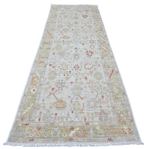 4'x11'9" Oyster White, Hand Knotted, Afghan Angora Oushak with All Over Leaf Design, Vegetable Dyes, 100% Wool, Wide Runner, Oriental Rug HR20571