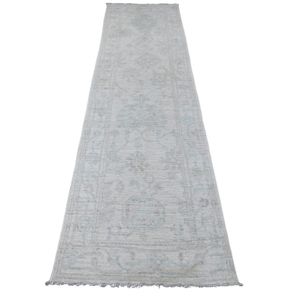 2'8"x9'8" Cascading White, Hand Knotted, Afghan Angora Oushak with Large Leaf Design, Veggie Dyes, Pure Wool, Runner, Oriental Rug HR20577