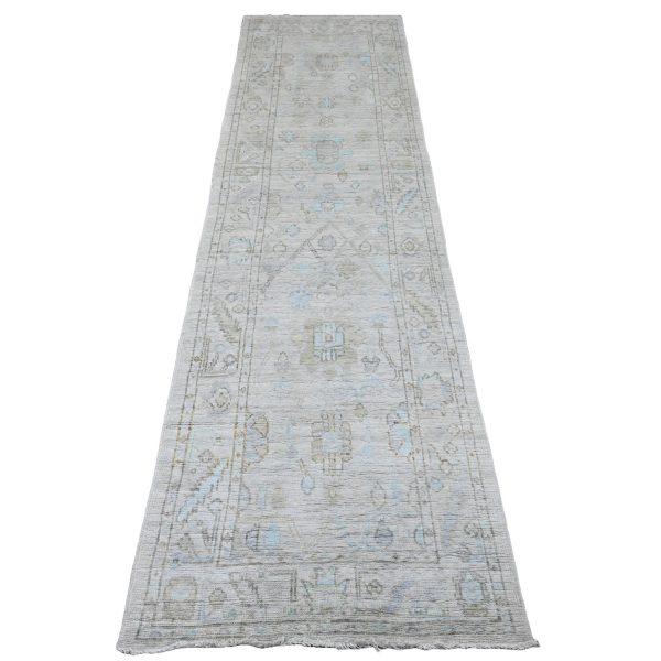 2'6"x9'7" Pastel Gray, Afghan Angora Oushak with All Over Design, Hand Knotted, Natural Dyes, 100% Wool, Runner, Oriental Rug HR20591