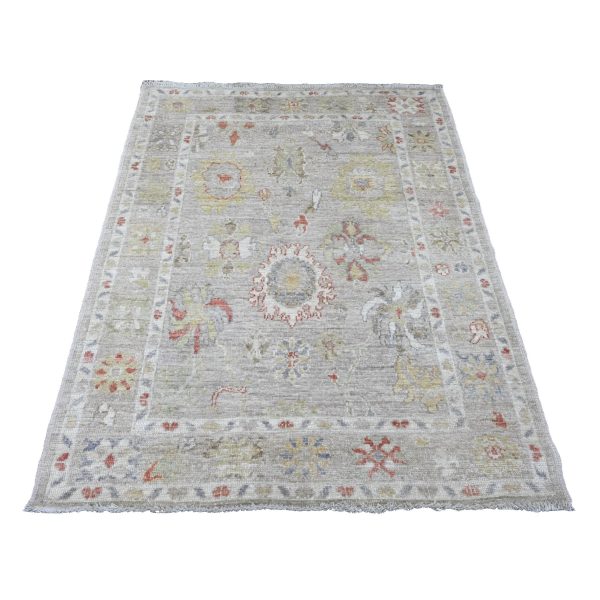 4'1"x5'9" Stone Gray, Hand Knotted, Afghan Angora Oushak with Leaf Design, Vegetable Dyes, 100% Wool, Oriental Rug HR20596