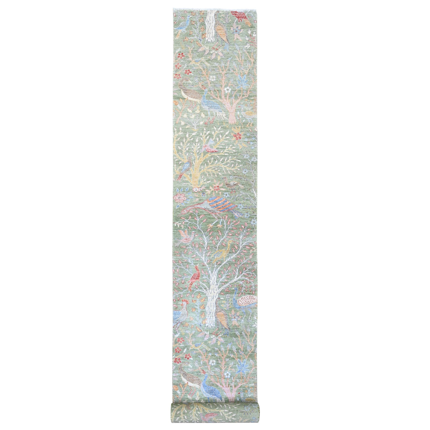 2'6"x21'9" Sage Green, Soft Wool, Afghan Peshawar with Birds of Paradise Design, Hand Knotted, Vegetable Dyes, XL Runner, Oriental Rug HR20614