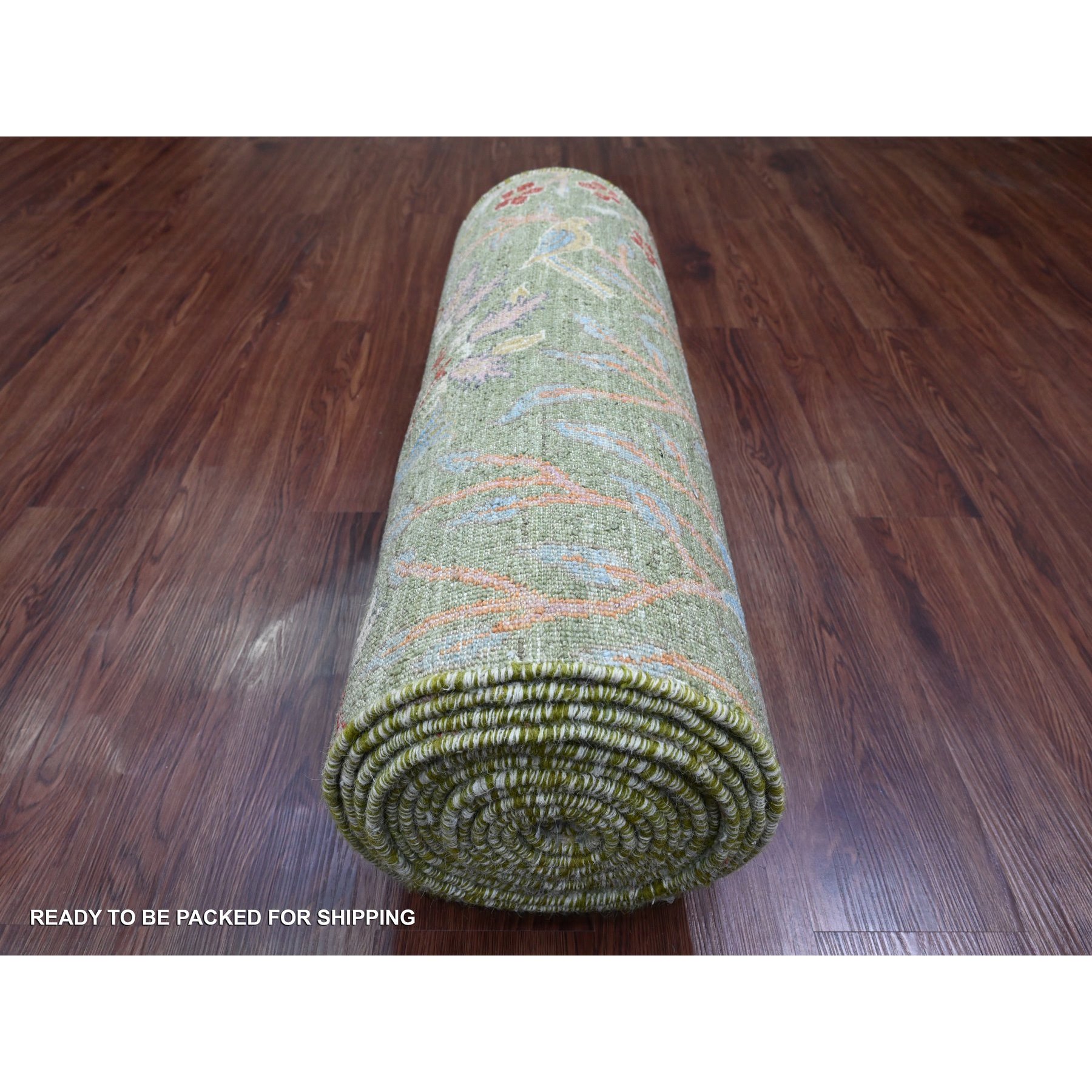 2'6"x21'9" Sage Green, Soft Wool, Afghan Peshawar with Birds of Paradise Design, Hand Knotted, Vegetable Dyes, XL Runner, Oriental Rug HR20614 - Image 4