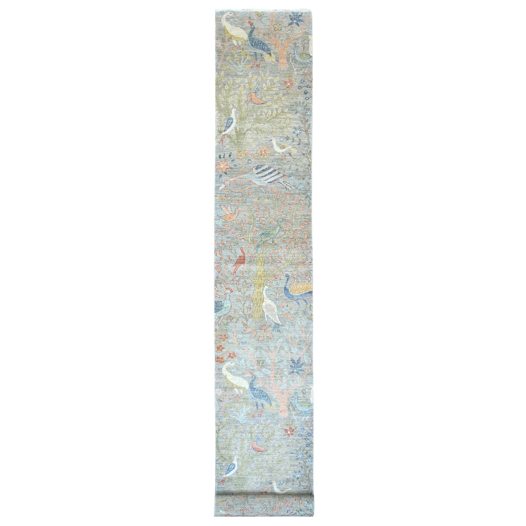 2'6"x20'2" Misty Gray, Afghan Peshawar with Birds of Paradise Design, Hand Knotted, Soft Wool, Vegetable Dyes, XL Runner, Oriental Rug HR20615