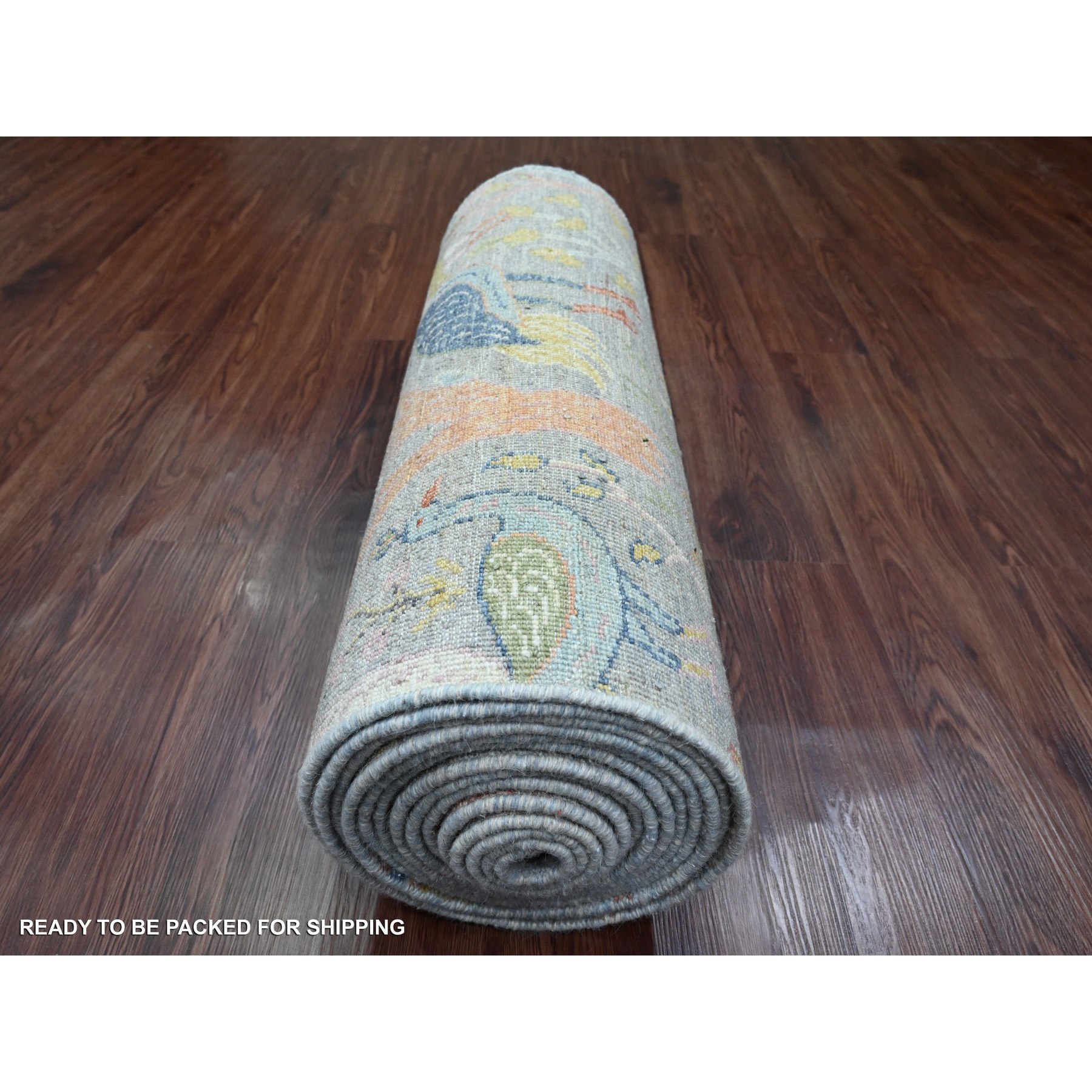 2'6"x20'2" Misty Gray, Afghan Peshawar with Birds of Paradise Design, Hand Knotted, Soft Wool, Vegetable Dyes, XL Runner, Oriental Rug HR20615 - Image 4