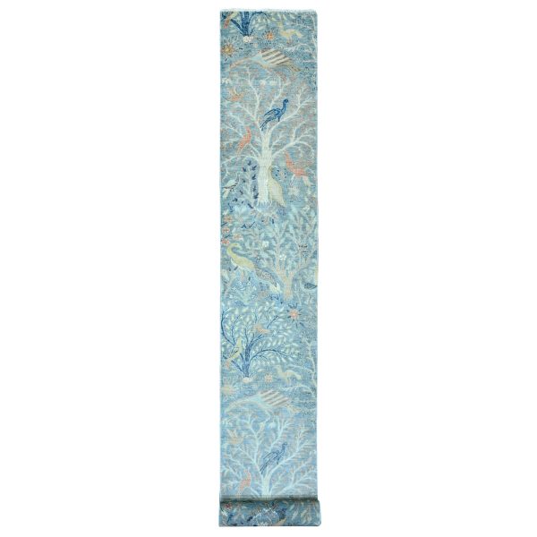 2'6"x25'4" Baby Blue, Afghan Peshawar with Birds of Paradise Design, Soft Wool, Vegetable Dyes, Hand Knotted, XL Runner, Oriental Rug HR20616