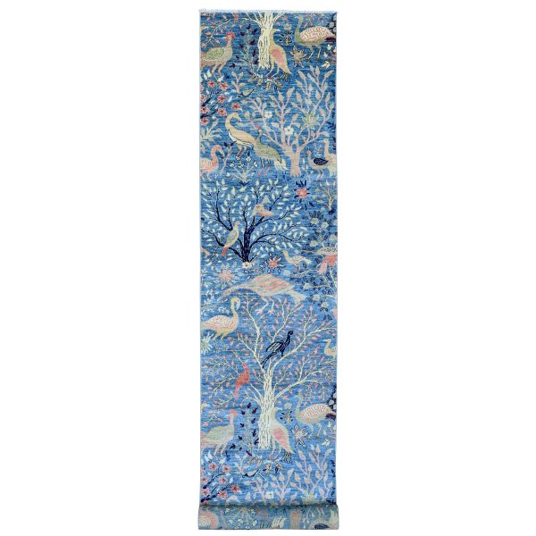 3'1"x21'2" Bayern Blue, Afghan Peshawar with Birds of Paradise Design, Hand Knotted, Soft Wool, Vegetable Dyes, XL Runner, Oriental Rug HR20642