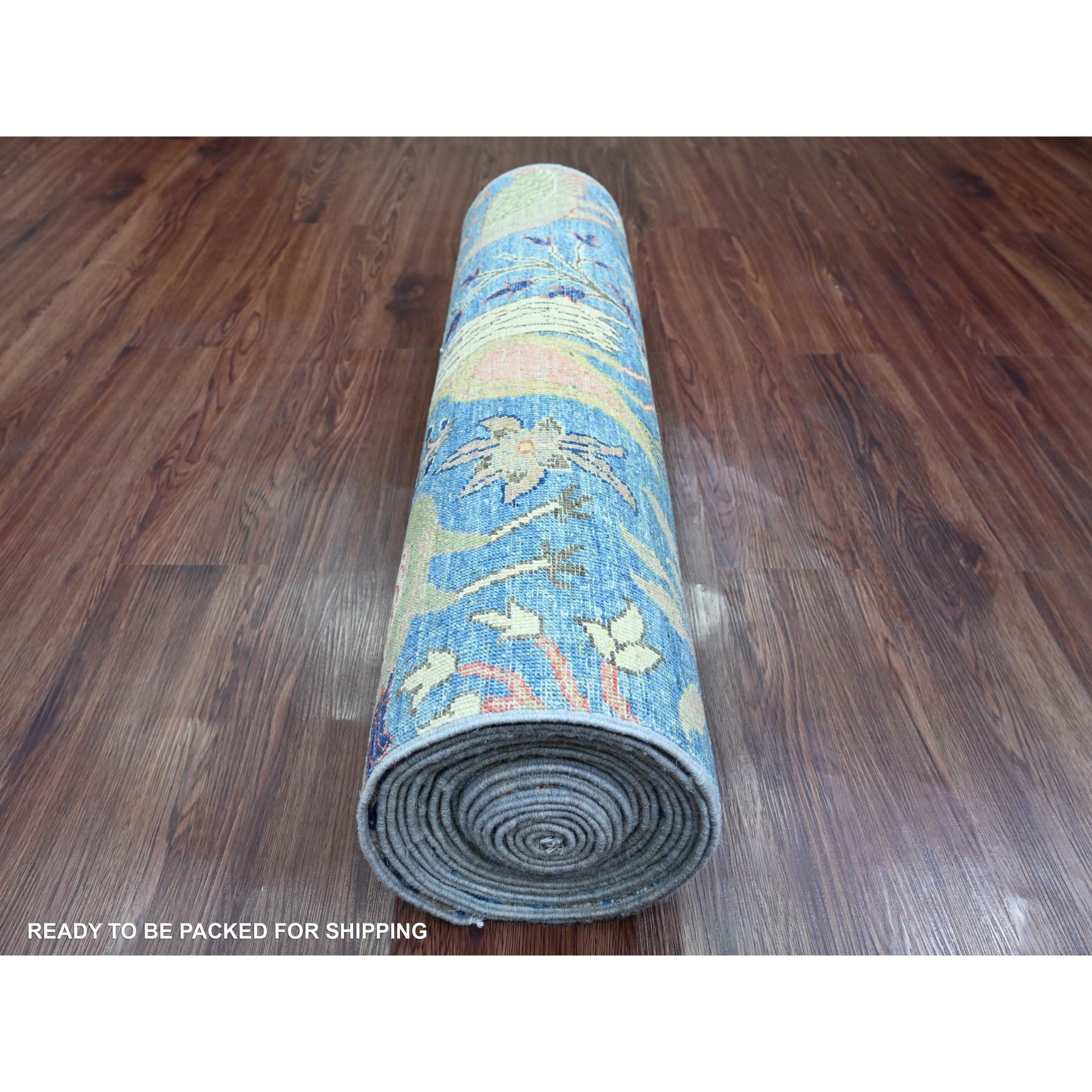 3'1"x21'2" Bayern Blue, Afghan Peshawar with Birds of Paradise Design, Hand Knotted, Soft Wool, Vegetable Dyes, XL Runner, Oriental Rug HR20642 - Image 4