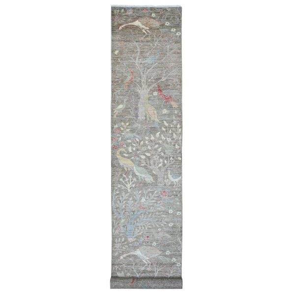 2'9"x15'9" Medium Brown, Hand Knotted, Afghan Peshawar with Birds of Paradise Design, Vegetable Dyes, Soft Wool, XL Runner, Oriental Rug HR20643
