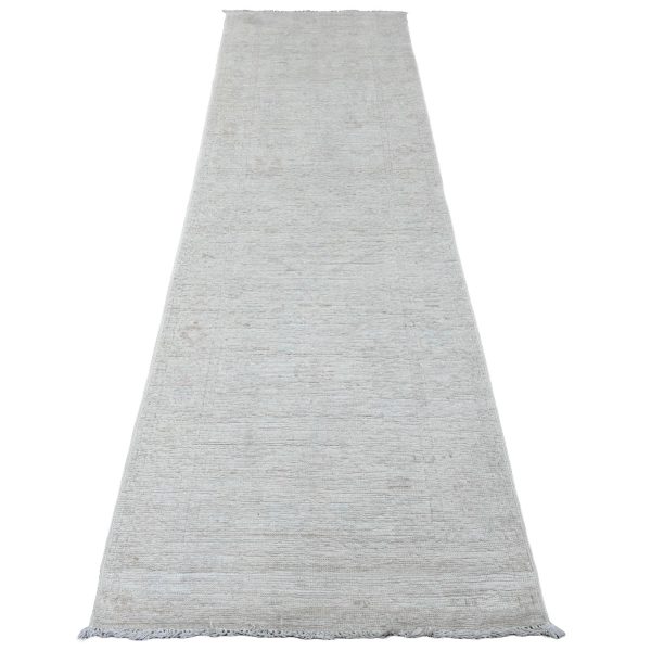 2'10"x9'7" Daisy White, Afghan Angora Oushak with All Over Pattern, Hand Knotted, Natural Dyes, 100% Wool, Runner, Oriental Rug HR20665