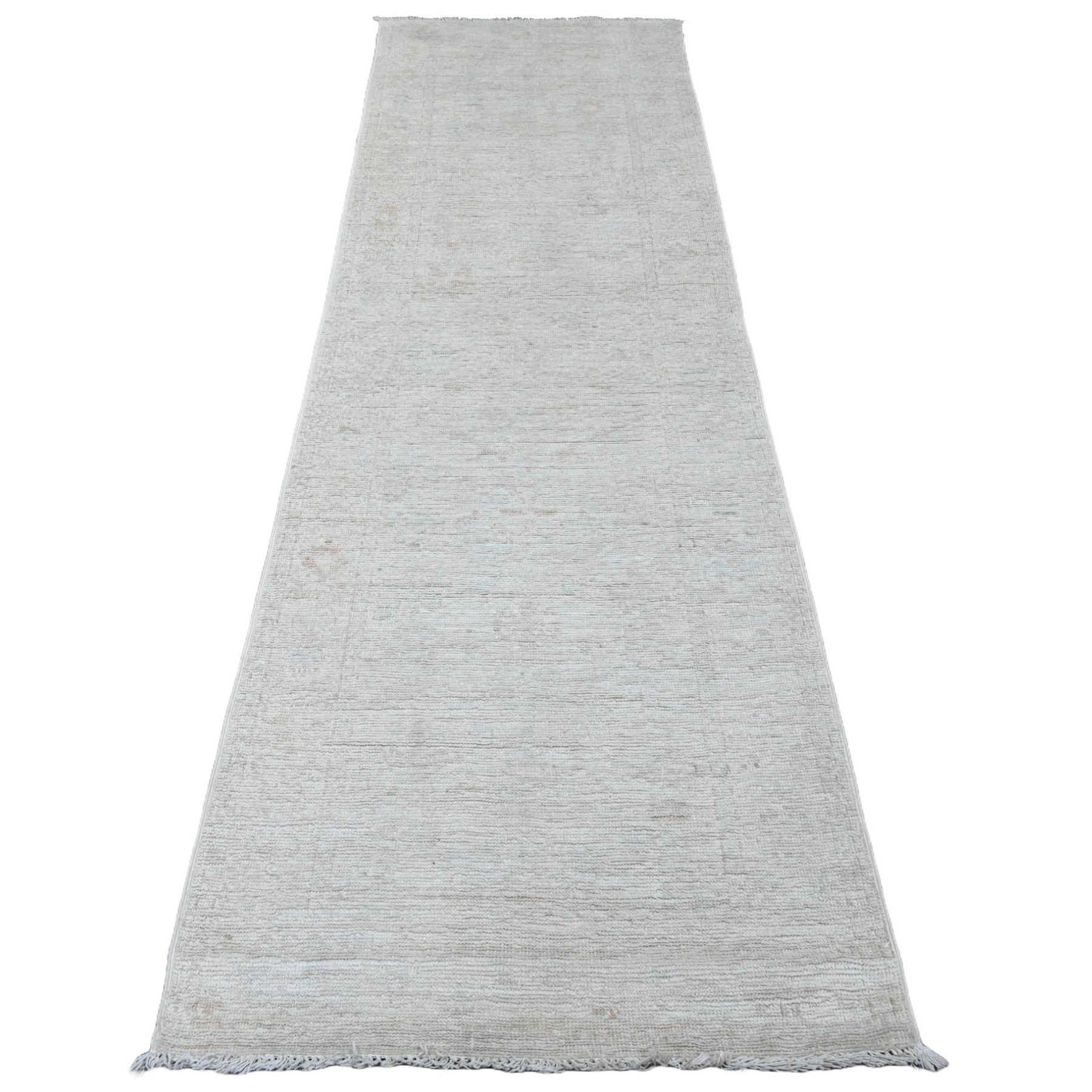 2'10"x9'7" Daisy White, Afghan Angora Oushak with All Over Pattern, Hand Knotted, Natural Dyes, 100% Wool, Runner, Oriental Rug HR20665