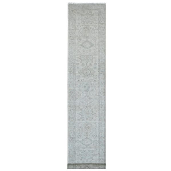 2'8"x16' Bone White, Washed Out Peshawar with Geometric Leaf Design, Hand Knotted, Natural Dyes, 100% Wool, XL Runner, Oriental Rug HR20682