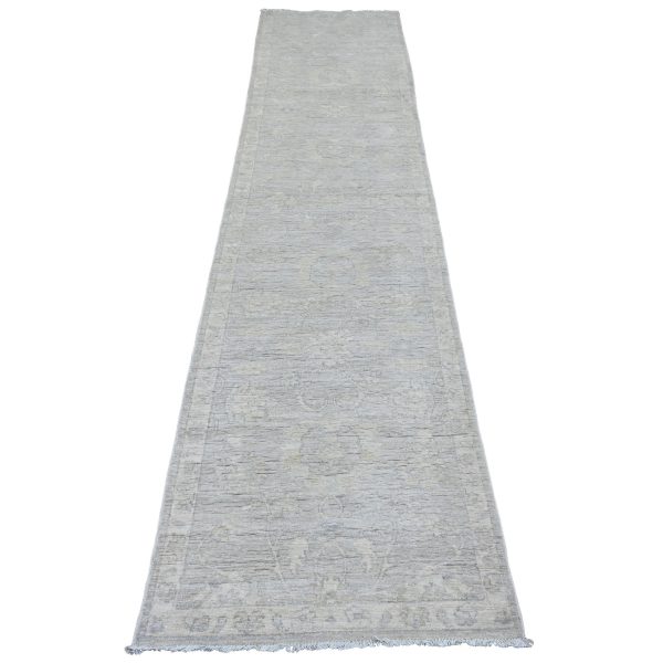 2'7"x11'9" Spanish Gray, Washed Out Peshawar with All Over Leaf Design, 100% Wool, Hand Knotted, Natural Dyes, Runner, Oriental Rug HR20683