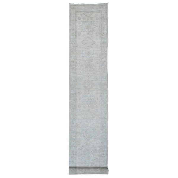 2'7"x18'9" Chiffon White, Hand Knotted, Washed Out Peshawar with Geometric Leaf Design, Natural Dyes, 100% Wool, XL Runner, Oriental Rug HR20690