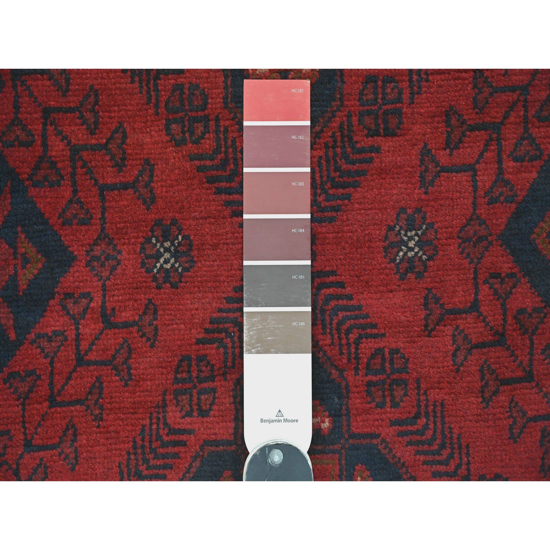 2'7"x9'10" Crimson Red, Hand Knotted, Afghan Andkhoy with Geometric Design, Soft and Velvety Wool, Runner, Oriental Rug HR20705 - Image 3