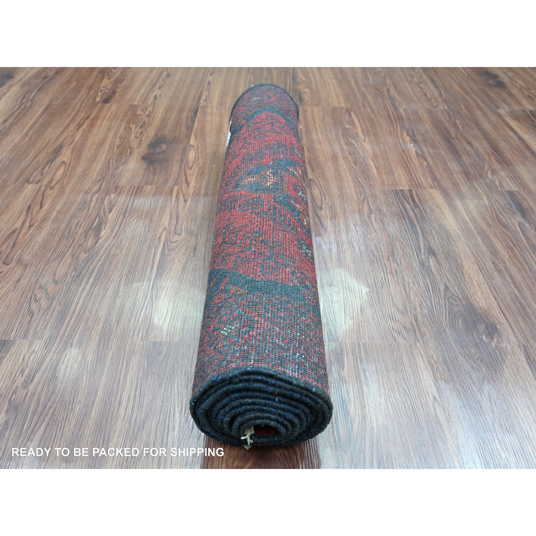 2'7"x9'10" Crimson Red, Hand Knotted, Afghan Andkhoy with Geometric Design, Soft and Velvety Wool, Runner, Oriental Rug HR20705 - Image 4