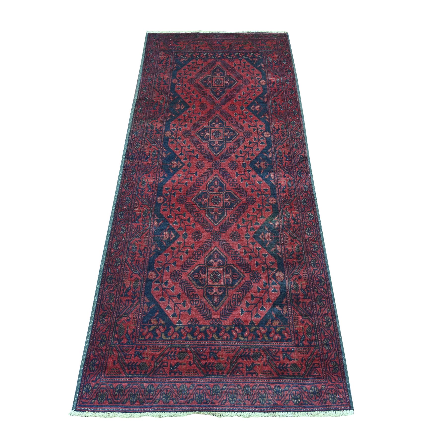 2'8"x6'6" Currant Red, Hand Knotted, Afghan Andkhoy with Geometric Design, Soft 100% Wool, Runner, Oriental Rug HR20711