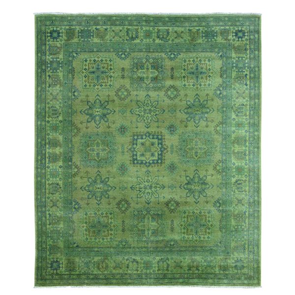 8'x9'7" Olive Green, Overdyed Kazak with Geometric Elements Pattern, Pure Wool, Hand Knotted, Oriental Rug HR20735