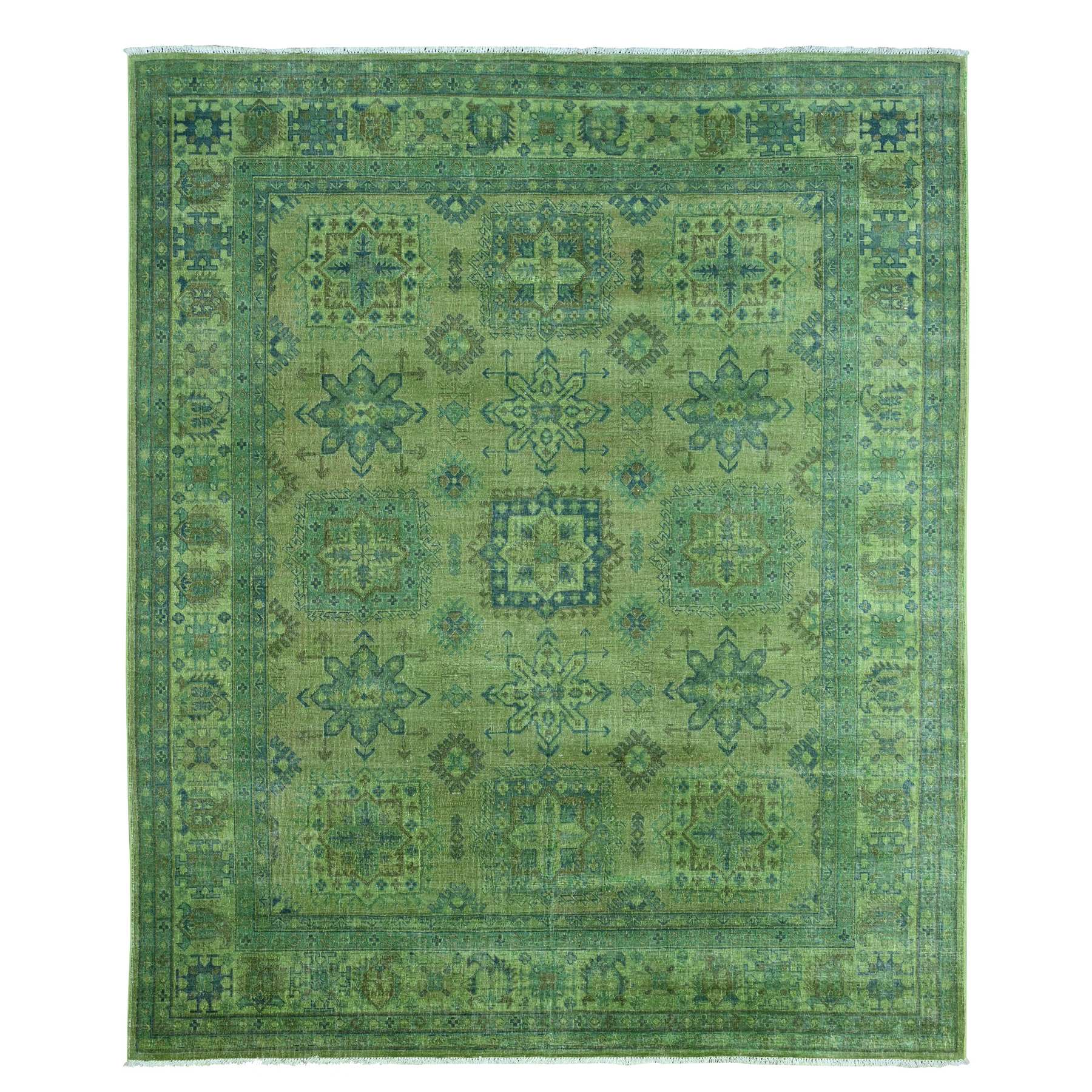 8'x9'7" Olive Green, Overdyed Kazak with Geometric Elements Pattern, Pure Wool, Hand Knotted, Oriental Rug HR20735