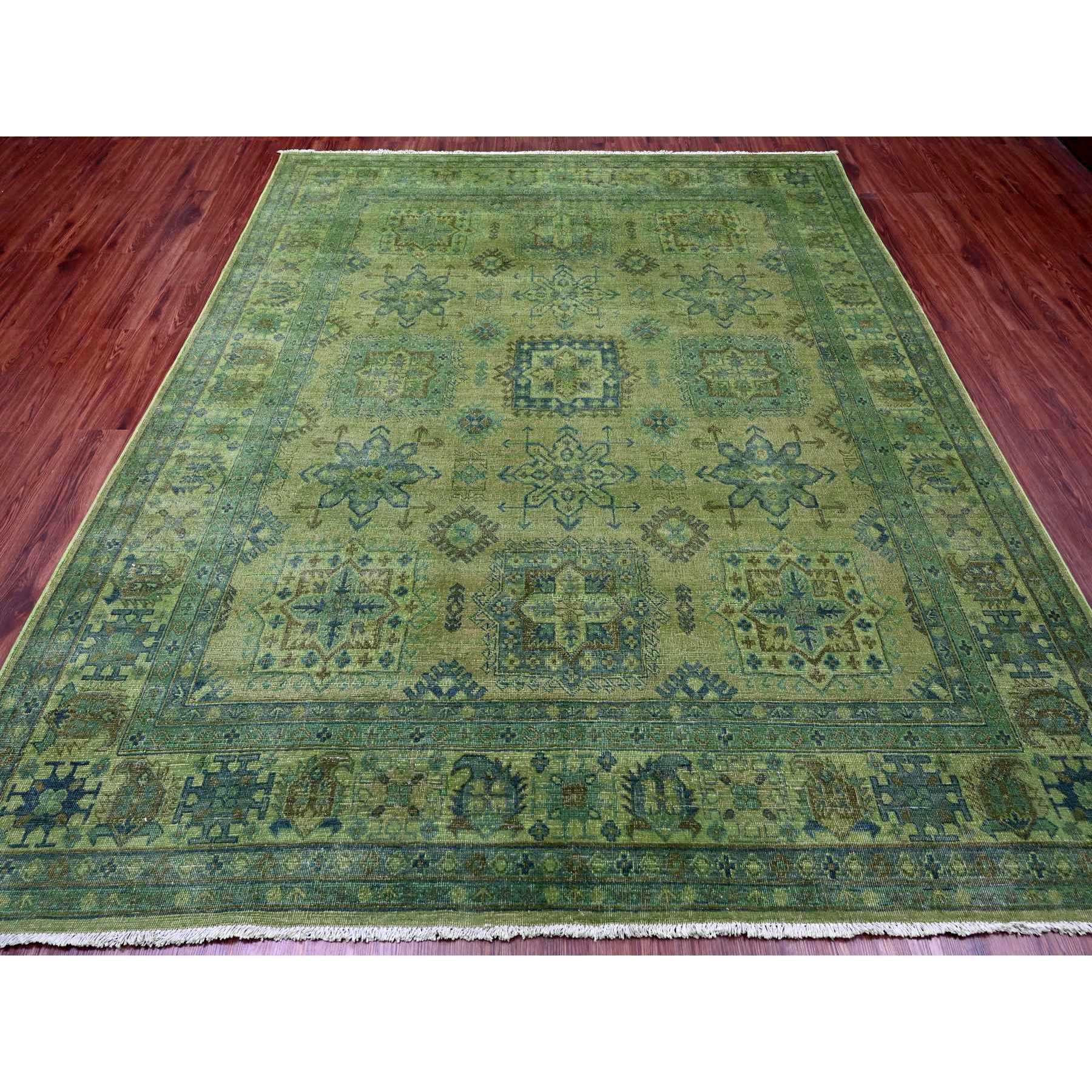 8'x9'7" Olive Green, Overdyed Kazak with Geometric Elements Pattern, Pure Wool, Hand Knotted, Oriental Rug HR20735 - Image 2