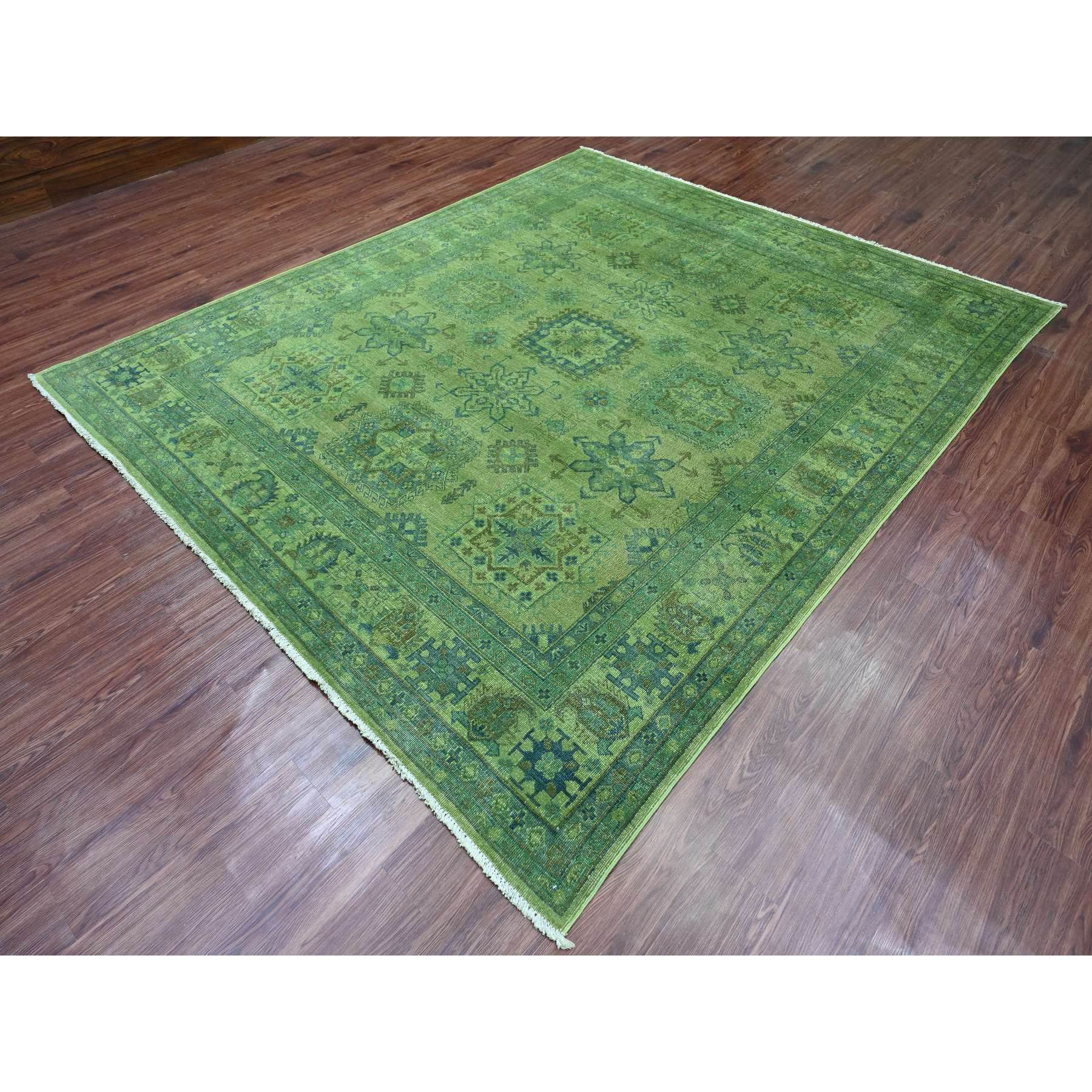 8'x9'7" Olive Green, Overdyed Kazak with Geometric Elements Pattern, Pure Wool, Hand Knotted, Oriental Rug HR20735 - Image 3