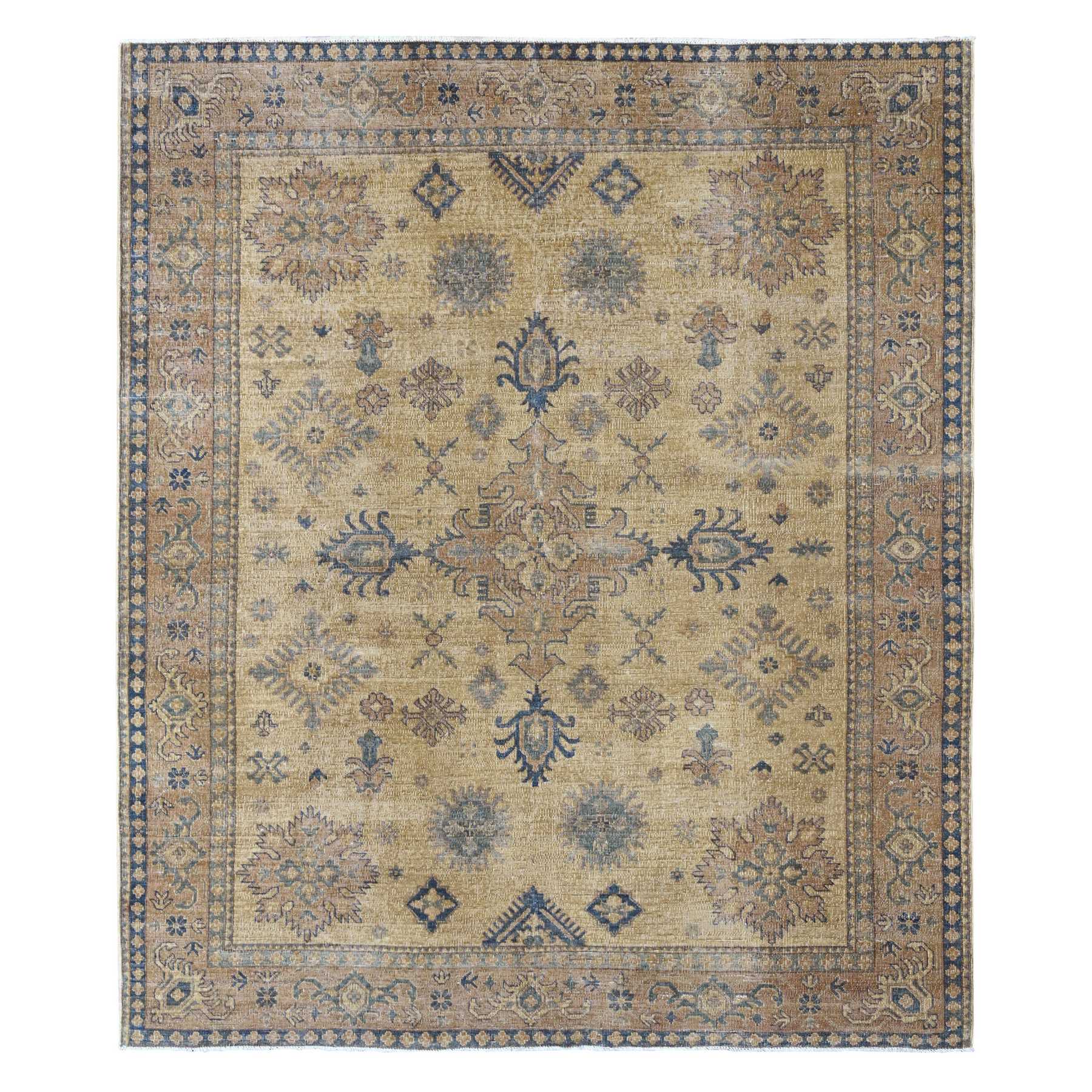 8'x9'1" Tawny Brown, Overdyed Kazak with All Over Geometric Pattern, Hand Knotted, 100% Wool, Squarish, Oriental Rug HR20736