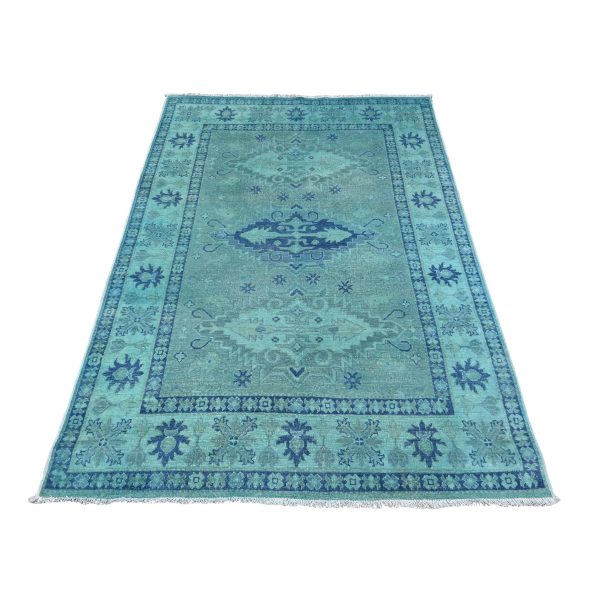 4'8"x6'6" Cerulean Blue, Overdyed Kazak with Tribal Medallions Design, 100% Wool, Hand Knotted, Oriental Rug HR20737